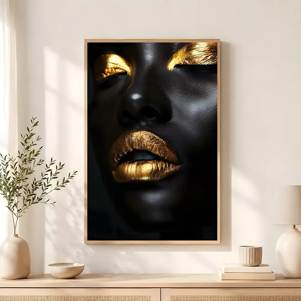 Black Skin Woman Golden Makeup Poster Wall art poster artistic painting for living room home decoration  also ideal as a gift
