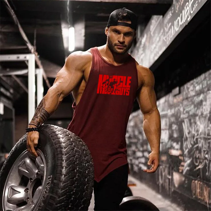 Men’s Gym Clothes Irregular Hem Tank Tops Summer Fashion Trend Street Wear Printed Sleeveless T-shirts Bodybuilding