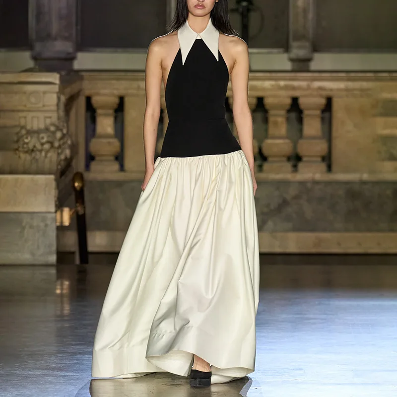 Vestido de passarela 2025 nova chegada moda elegante retalhos contraste cor halter cintura alta sexy sem costas magro saia longa para mulher