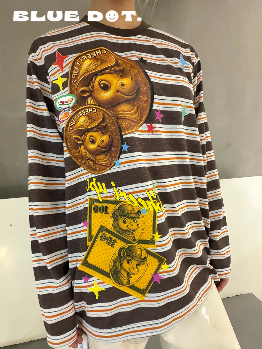 

Очаровательная женская футболка с длинным рукавом BLUEDOT CHEERi UPi с принтом золотых монет и полосатым дизайном, модная, из смесового полиэстера и лиоцелла