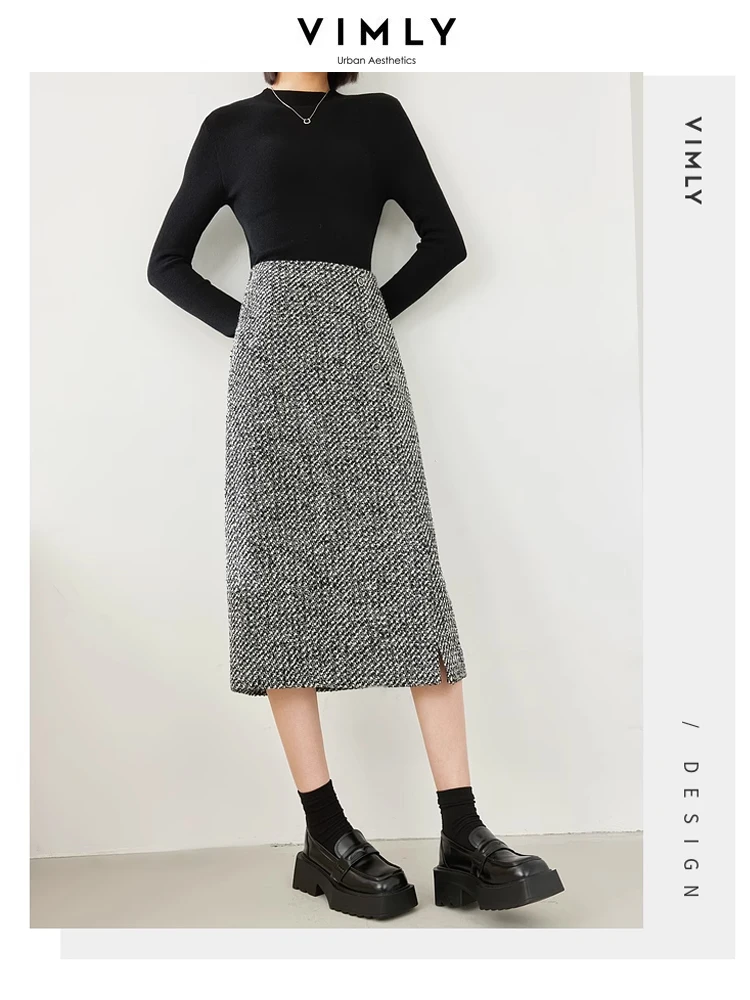 Vimly French Style Wool Blend Black Striped Skirts 2023 Winter Quilted Thick Elastic Waist  A-line Split Midi Skirt Female M3922