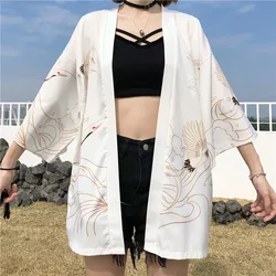 Plaża Haori luźna Harajuku japońska moda Kimono Yukata 2023 biały czarny nadruk żurawia kobiet sweter bluzka Obi azjatyckie ubrania