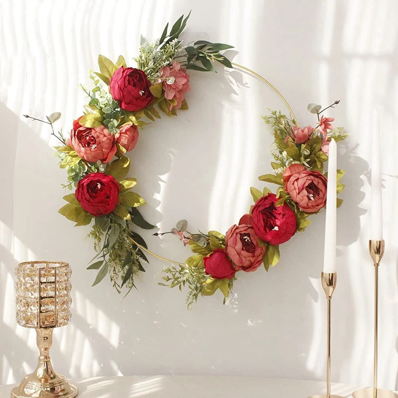 6 PCS 12 Inch Iron Circle Wreath Floral Hoops Centerpiece For Table, Gold Wreath Ring With 6 PCS Wood Holder Stands, Hoop Rings