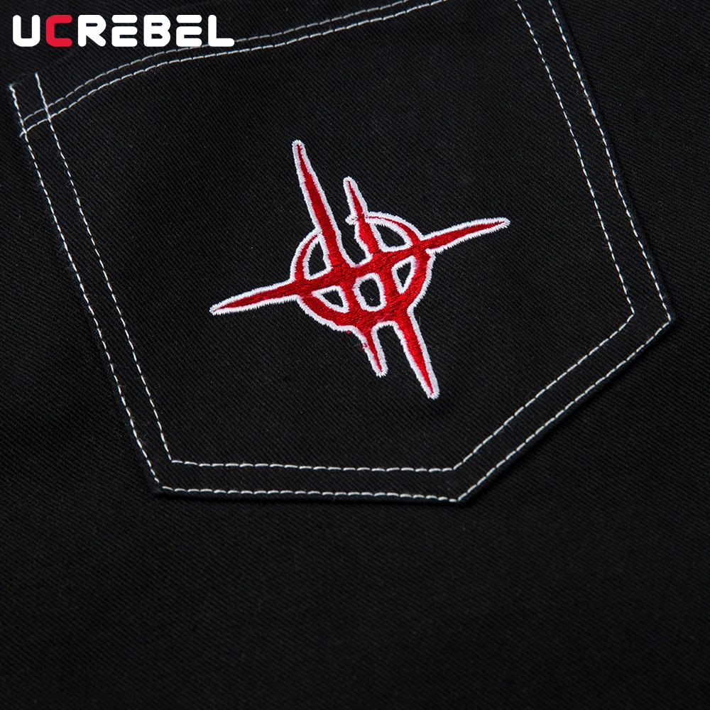 เปลวไฟ Patch เย็บปักถักร้อยกางเกงยีนส์ Mens Top Stitch Retro High Street กระเป๋าหลวมขากว้าง Dark กางเกงยีนส์ผู้ชาย
