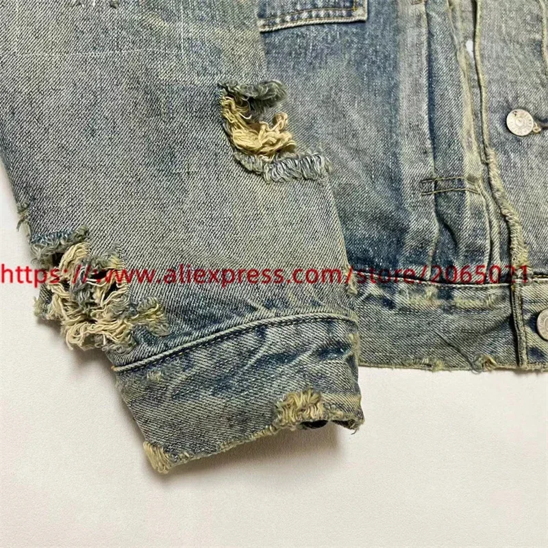 Washed SAINT DAMAGE Denim Work Jacket Jeans Men Women Best Quality Make Old Blue Heavy Fabric Coat