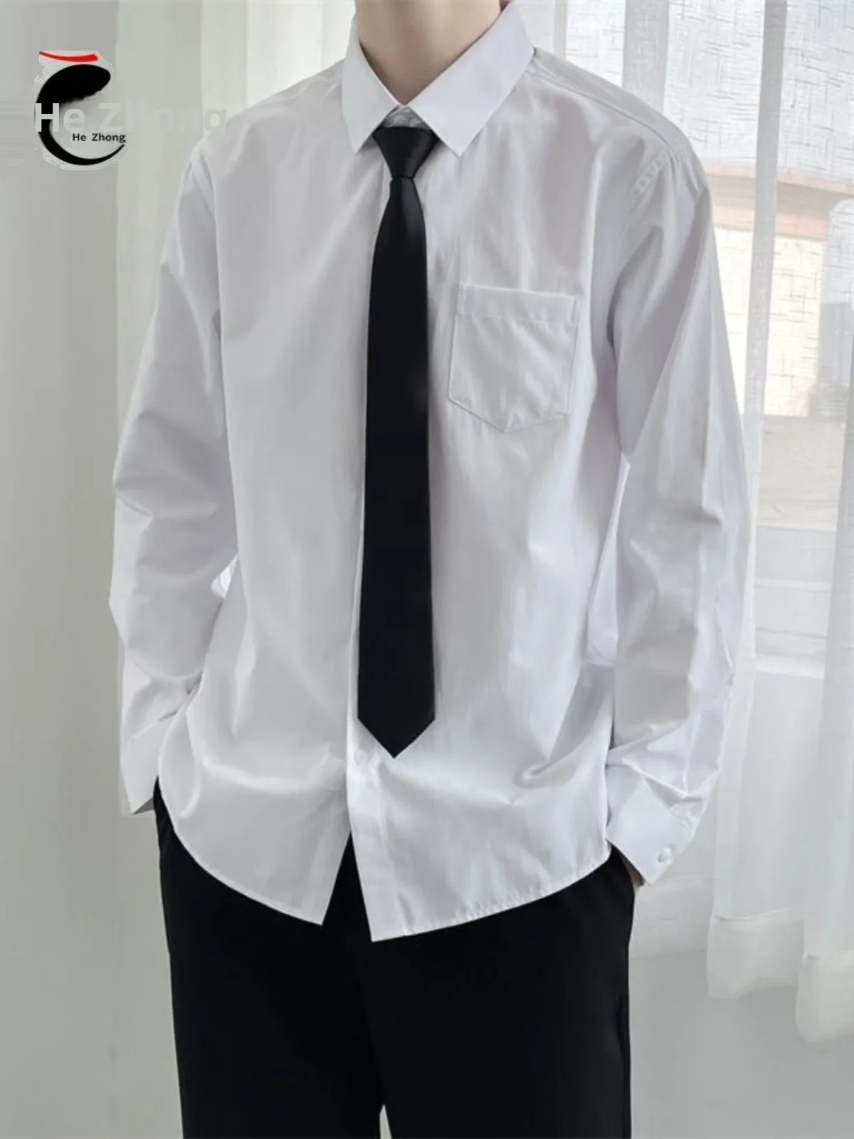 Casual Long Sleeve Men's Shirt Hong Kong Style Student Class Uniform Loose Fit College Wind White Button-Down Autumn Fashion
