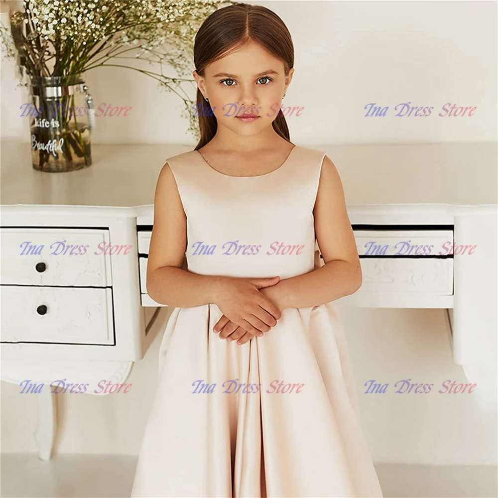 Satin Lovely Sleeveless Fluffy Bow Belt Flower Girl Dress Princess Ball First Communion Dresses Surprise Birthday Present
