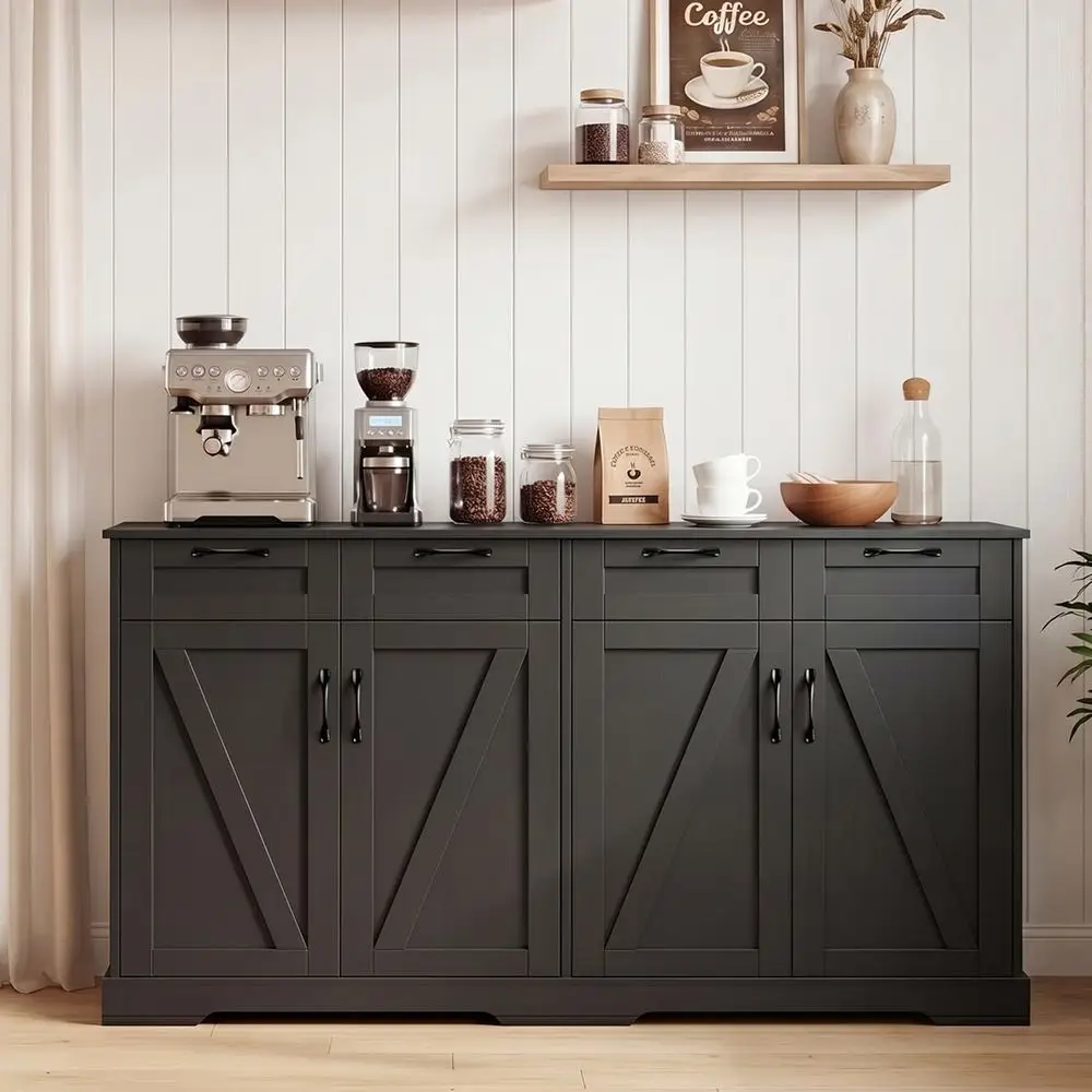 

60 Black Armhouse Cabinet with Storage, Coffee Bar Station, 4 Doors & 4 Drawers, Wood Sideboard for Kitchen, Dining, Living Room