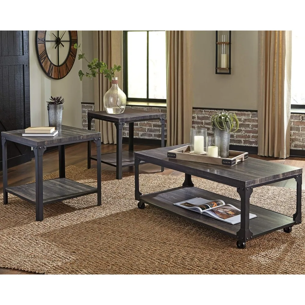 Jandoree Industrial 3-Piece Table Set, Includes Coffee Table and 2 End Tables, Brown & Black