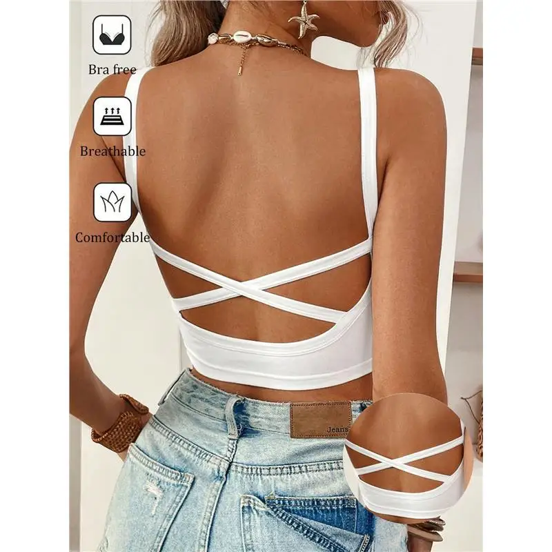 Nuovo Top Canotta da Donna 2025 con Spalline Incrociate, Sexy, Comodo, in Tessuto Morbido, Base Bianca, Produzione Cinese