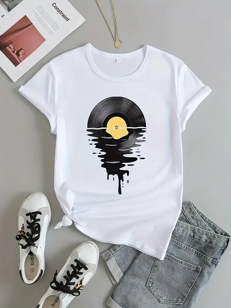 Melting Records	Print Short Sleeved Casual Women T-shirt Round Neck Women Graphical Female Summer T shirt Clothing Tee Tops