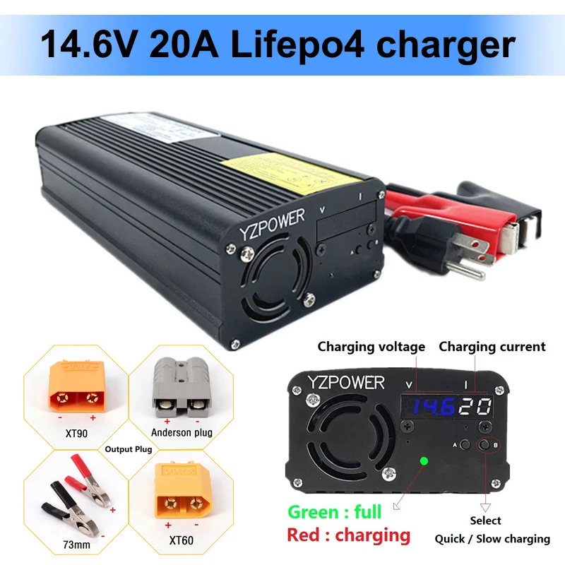 

14.6V 20A 4S Lifepo4 Charger Voltage Display Adjustable Current for 12V Lifepo4 Lithium Battery Pack With Fan Aluminum Housing