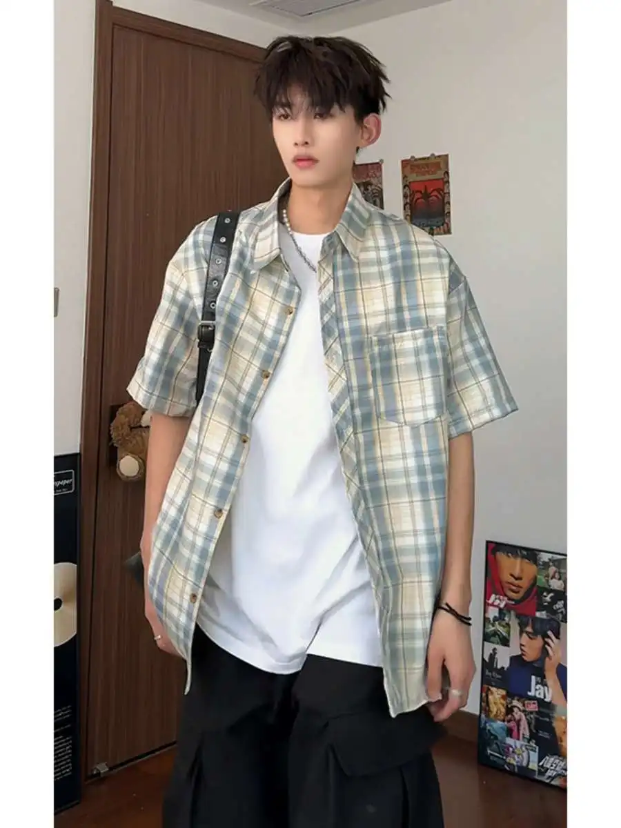 

Trendy American Hong Kong Sle Plaid ort Sve Casual irt Summer Loose Fit Men's Faion Couple's irt f Sve