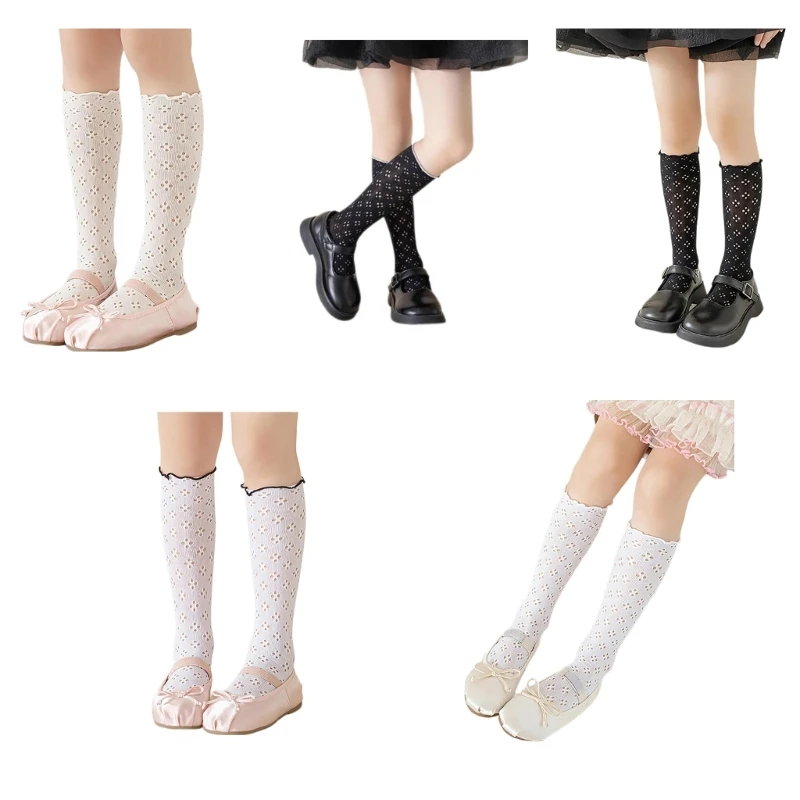 

Y1UB Kneehigh Socks Hollowed MidCalf Socks Kids Girl Spring Stretchy Ruffle Trim Socks for Little Girls School Dacning Socks