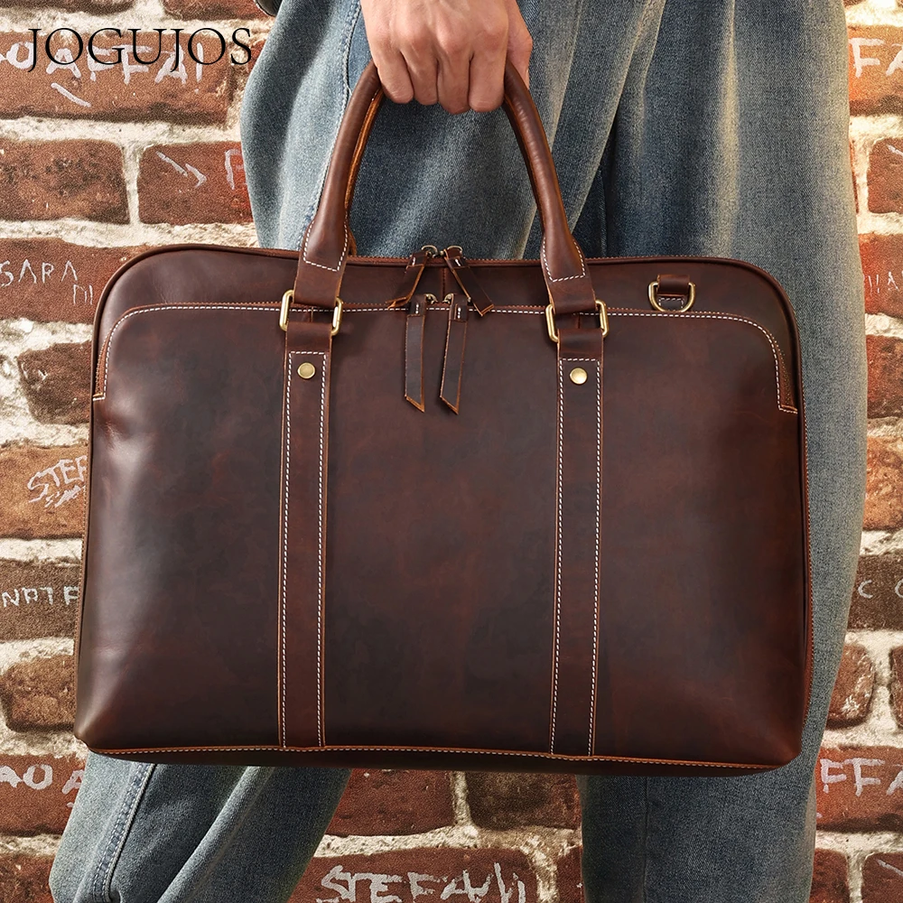 

JOGUJOS Genuine Leather Men Briefcase Bag for 15.6" Laptop Business Vintage Cowhide Shoulder Messenger Bag Office Tote Handbags