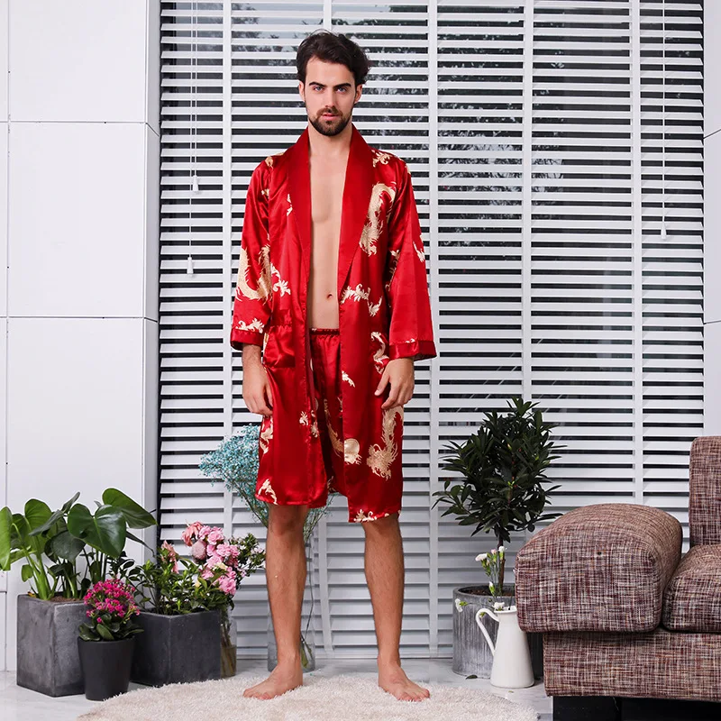 Men's Silk Bathrobe Plus Size Long-sleeved Bath Robe Men Satin Sleepwear Nightgown Print Dragons Dressing Gown Home Clothes