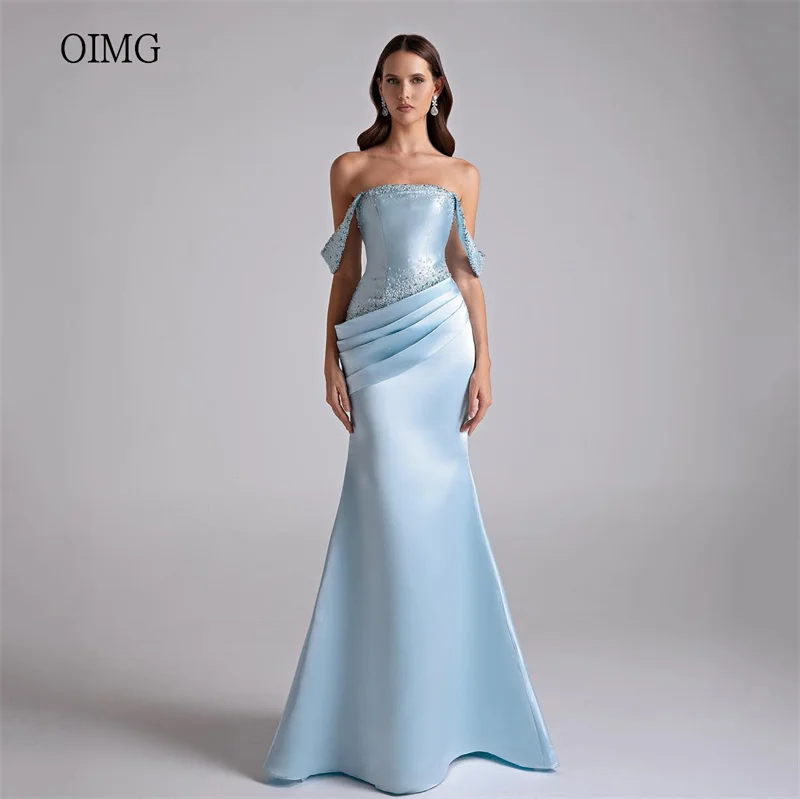 

OIMG Elegant Sky Blue Mermaid Prom Gowns Satin Off The Shoulder Beaded Formal Party Gown Floor Length Evening Dress Customized