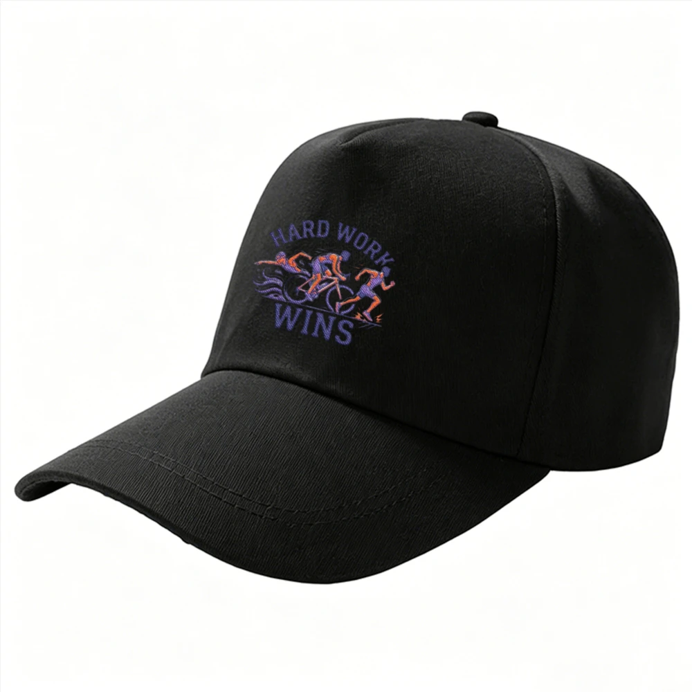 Hard Work Wins Triathlon Athlete Pattern Baseball Cap Adjustable Sports Dad Hat Fitness Enthusiast Motivational Slogan Sun Hat