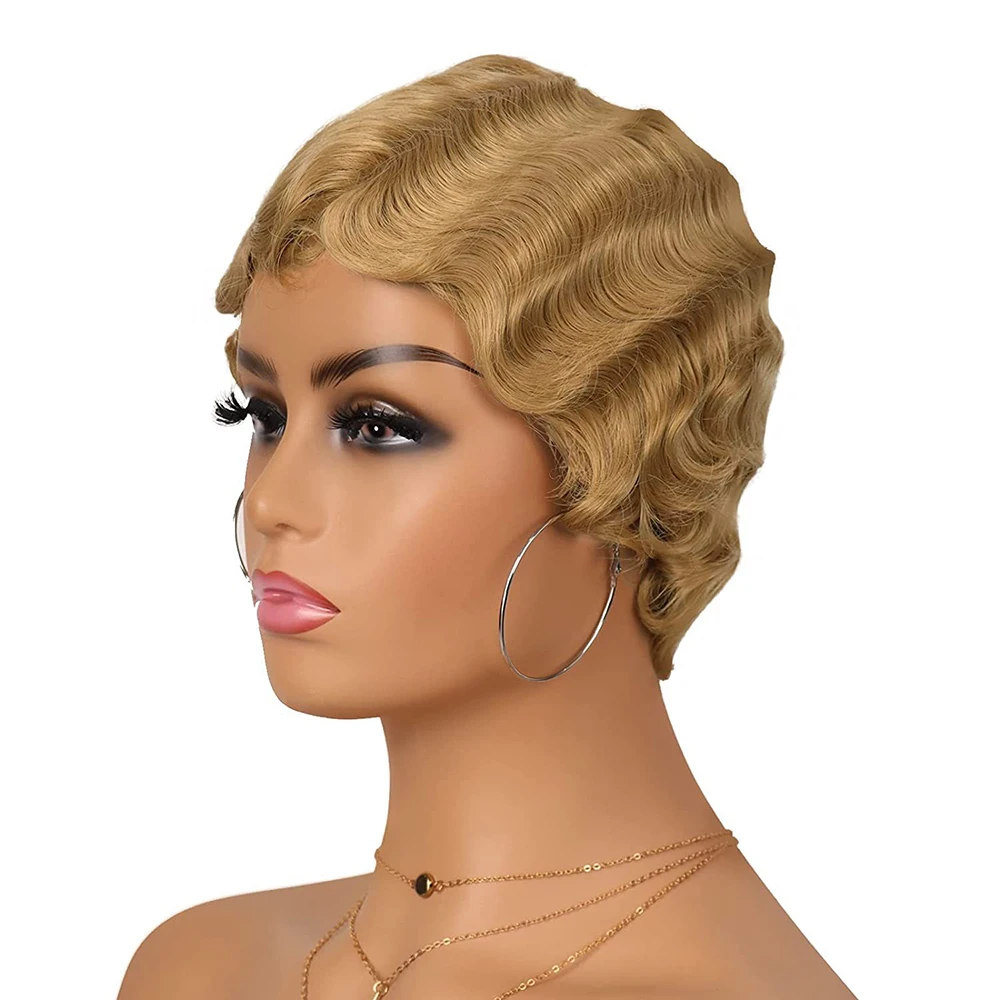 4 بوصة الشعر الاصطناعية إصبع موجة شعر مستعار أسود أنثى موجة المياه قزم قصير مجعد الشعر اليومي حفلة لعب الأدوار شعر مستعار رقيق بشكل طبيعي