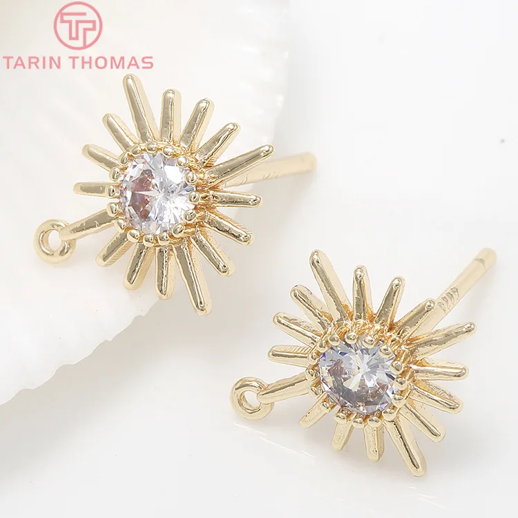 (2035)4PCS 12x12MM Hole 1MM 24K Gold Color Brass with Zircon Flower Stud Earrings High Quality Diy Jewelry Findings Accessories