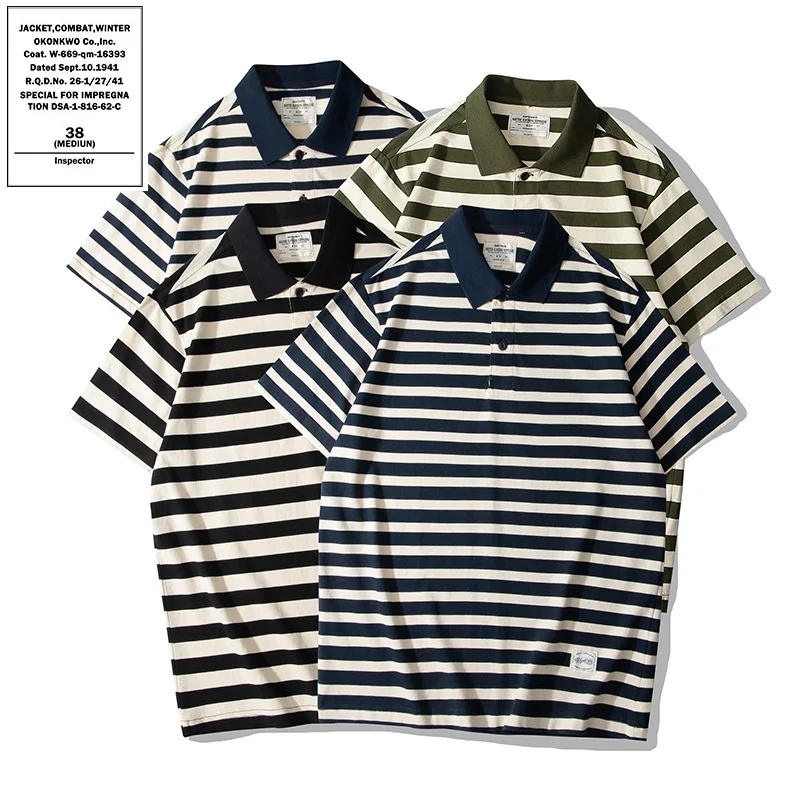 OKONKWO AMEKAJI 230g Thick Heavy Weight Lapel T-shirt Sea Urchin Vintage Stripe Short Sleeve Polo Shirt Outdoor Sports Clothes