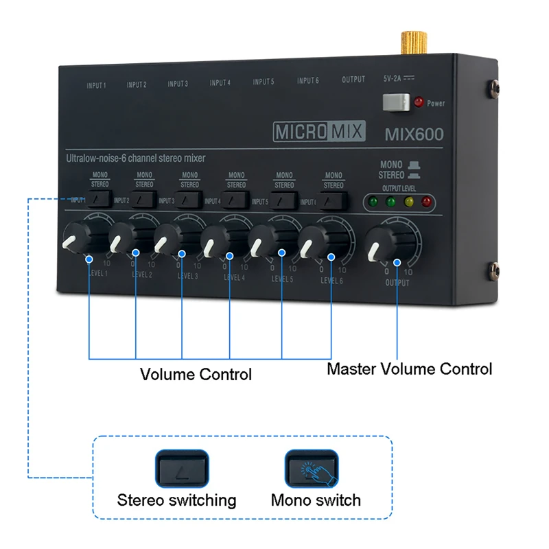 DX600 Ultra Low Noise 6 Channel Line Mixer Mini Sound Mixer Power Supply DC5V Easy Operation