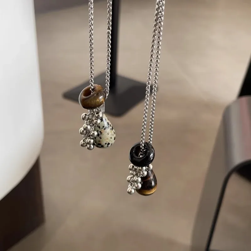 Fashion Spotted Tiger Eye Stone Irregular Pendant Necklace for Women Long Chain Girls Charm Aesthetic Jewelry Accessories Gift
