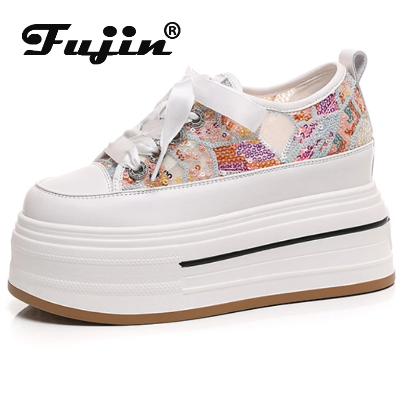 

Fujin 8.5cm High Brand Sunthetic Summer Fashion Mesh Chunky Sneaker Hollow Casual Shoes Platform Wedge Flats Bling Leather Comfy