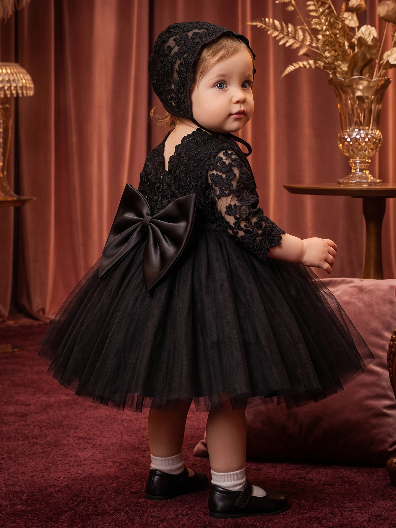 Baby Girls Black Floral Lace Dress Tulle Skirt Huge Back Bow Vintage Princess Birthday Party Wedding Formal Portrait Photography