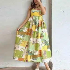 Women's 2024 Summer New Sexy Swing Dress Graffiti Print Sleeveless Slip Dress Boho Dress