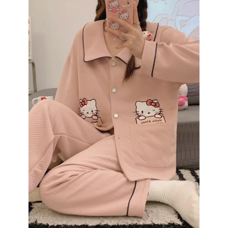 Pijama de Hello Kitty para mujer, cárdigan de algodón puro de manga larga, multicapa, ropa de estar por casa