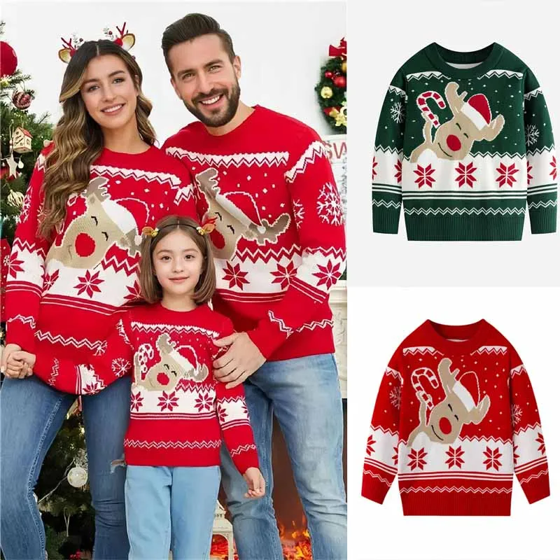 2026 New Christmas Family Matching Sweater Warm Cartoon Elk Print Knitwear Adult Kids Xmas Long Sleeve Pullover Tops Streetwear