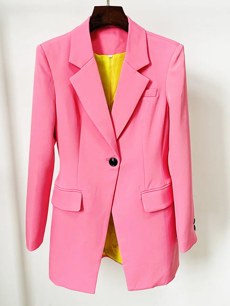 HIGH STREET Newest 2024 Stylish Designer Jacket Women\'s Pink Single Button Long Blazer