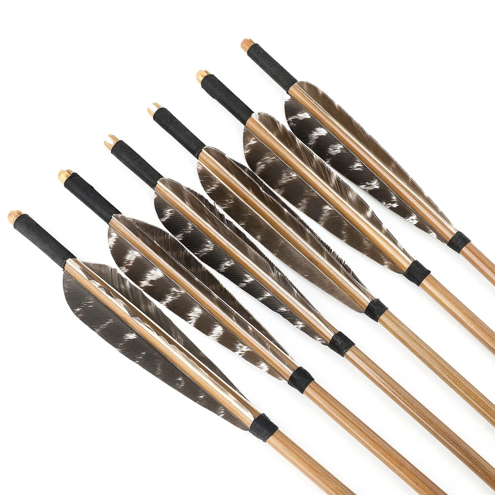 Target Bamboo Arrows 12pcs 85cm OD 8mm 5 Inch Turkey Feather 125 Grain Points for Traditional Longbow Hunting Practice