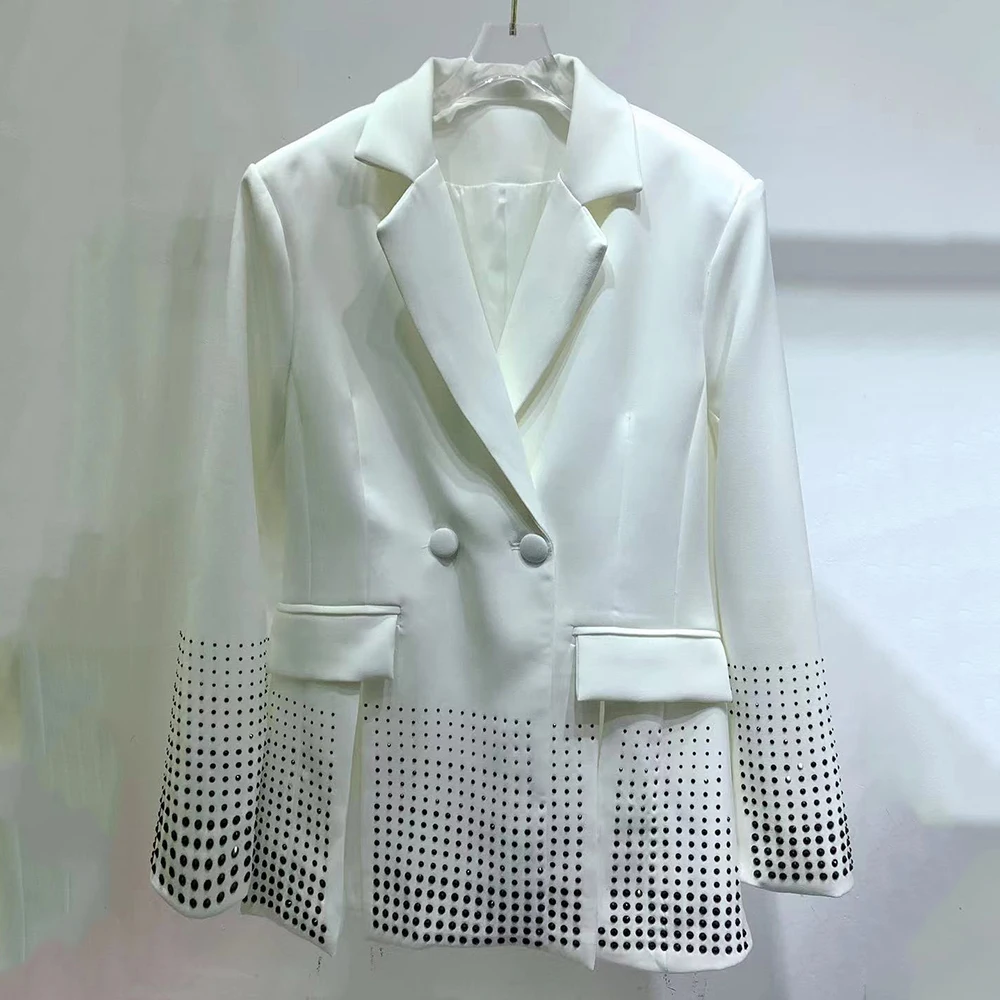 Twotwinstyle sólido emendado diamantes emagrecimento blazer para mulher gola entalhada manga longa retalhos botão split casaco feminino novo