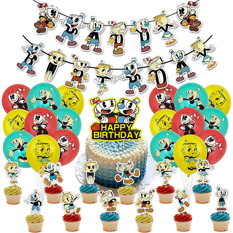 Cupheads Theme Balloon Arch Kit, Happy Birthday Decoration, Party Favor Banner, Cake Toppers, Supplies for Kids, Boy Gift