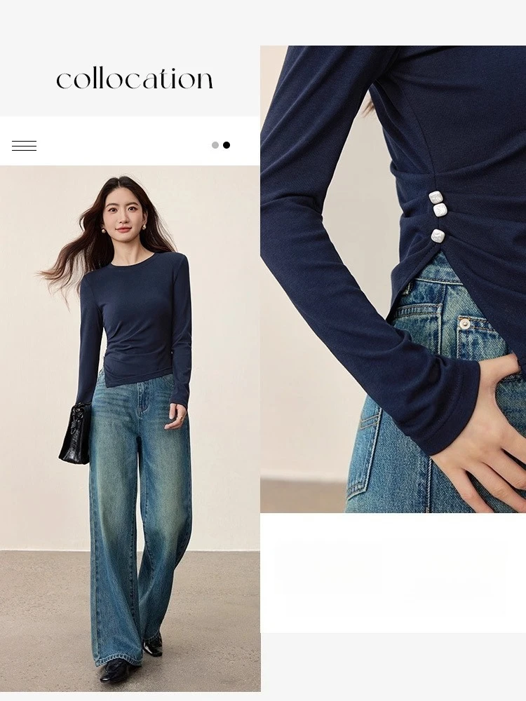 SENTUBILA Long-Sleeve T-shirt for Woman 2025 Autumn Design O-Neck Contrast Color Knit T-shirt Button Accent Tops 153TA2685