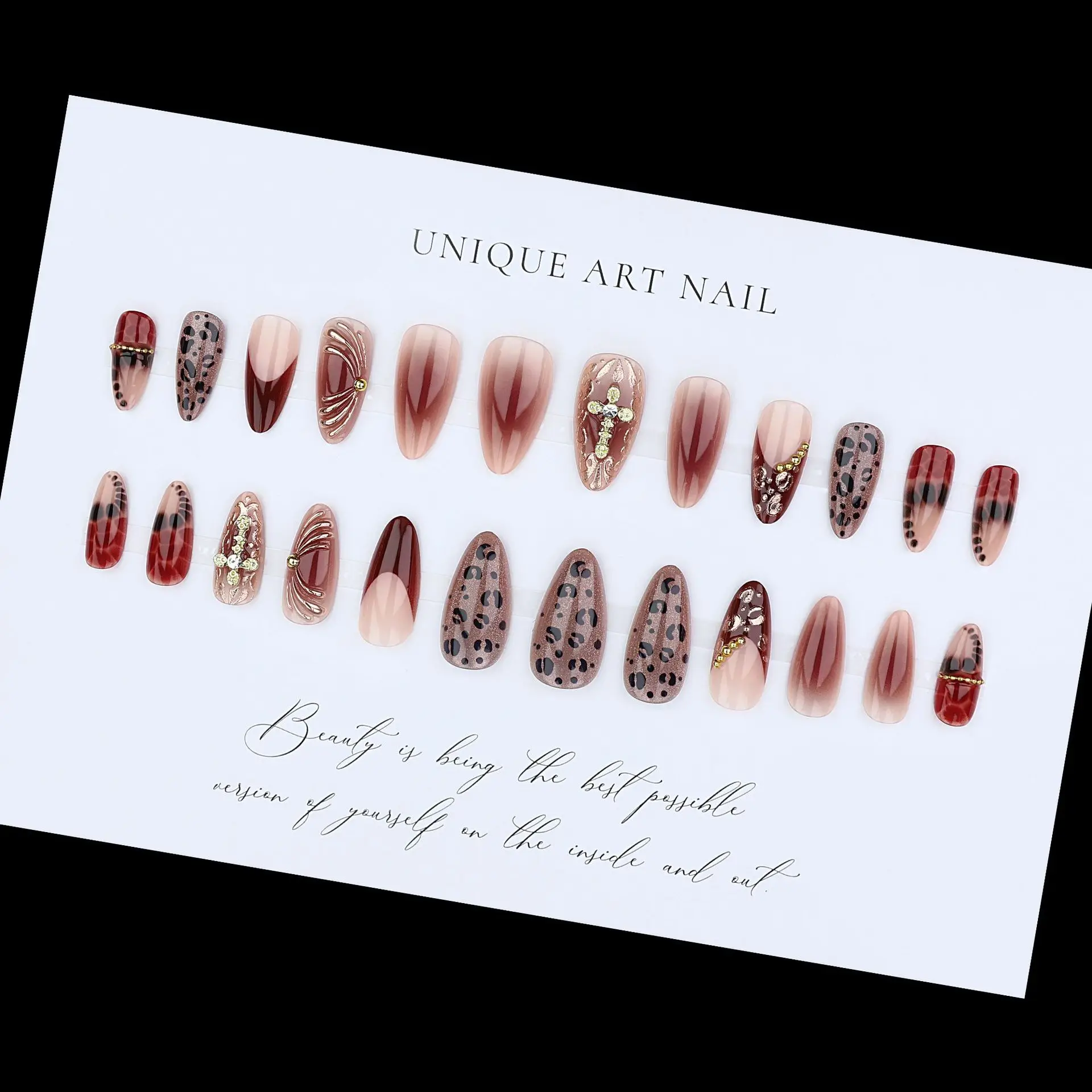 Gradient wine red brown fake nails with cross rhinestones leopard printing Almond nail tips full cover reusable press on nails view 5