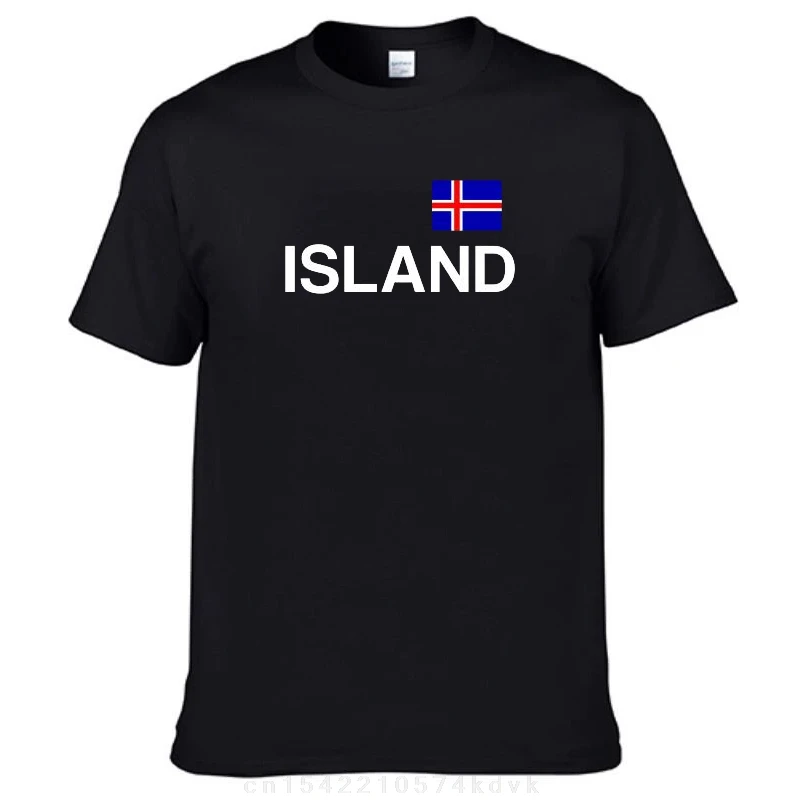 Cotton  Tee Top Sport Island T-Shirt - Black - with Flag Print - S to 3XL - Iceland Reykjavik EM