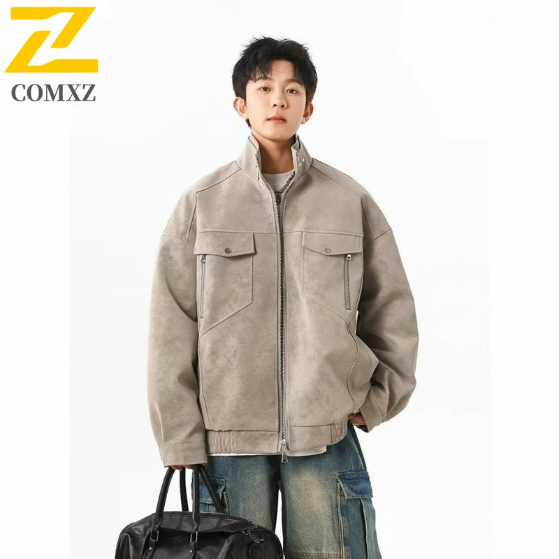 

COMXZ Premium Leather Jacket Fashion Classic Stand Collar Adventure Leather Coats Outdoor Sport Wear Resistant Autumn Coat​