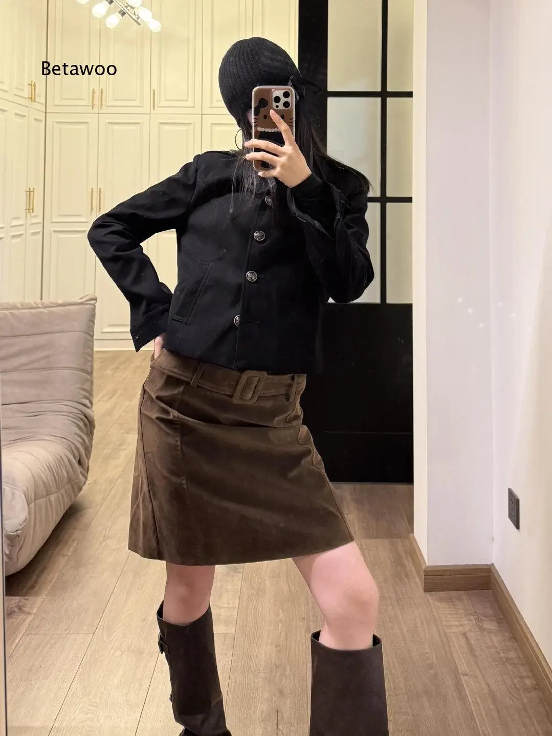 Women High Waist A Line Midi Skirt with Belt Suede Fabric Straight Cut Casual Commute Office Daily Wear