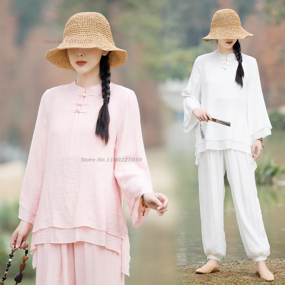 2024 traditional chinese vintage set breathable cotton linen tops+pants suit meditation zen suit yoga outdoor walking sports set