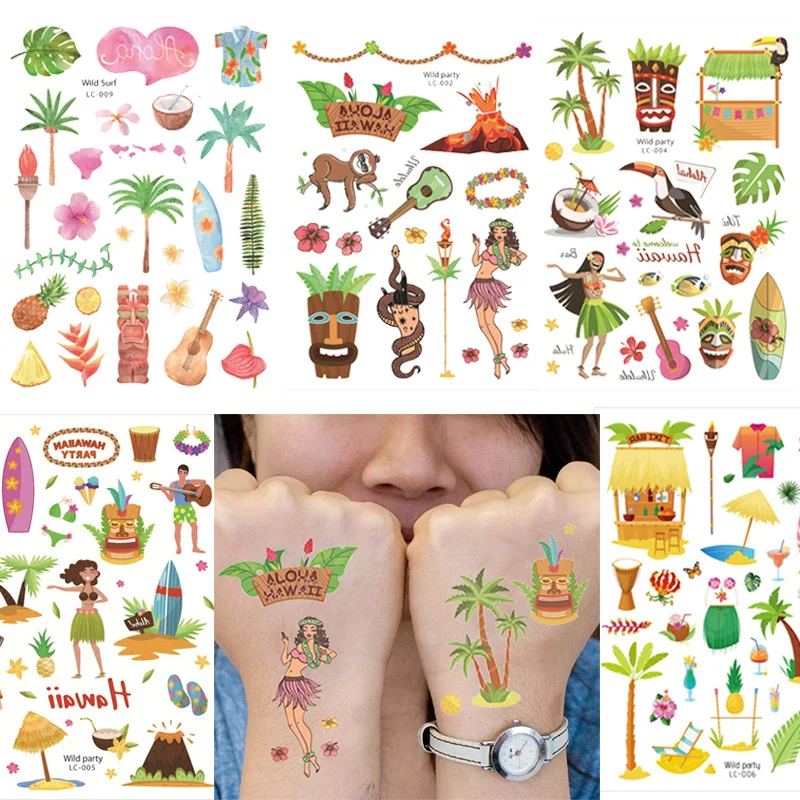 Hawaiian Beach Party Aloha Temporary Tattoo Sticker Waterproof Tropical Flamingo Party Luau Summer Beach Birthday Decorations