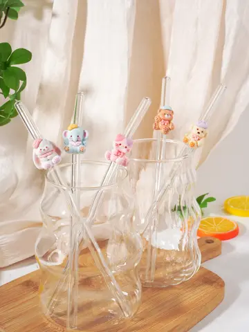 1/2/6PCS Animal Decor Curved Glass Straw, Drink Accessory for Daily Party, Back To School & Holiday Gift