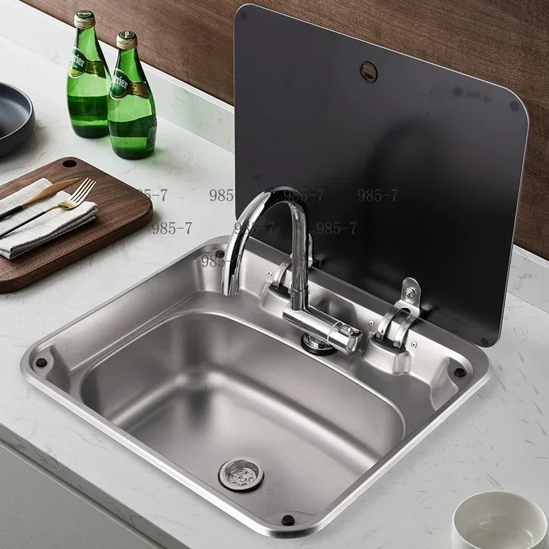 Folding Flip Cover RV Sink, Square Stainless Steel Single Basin for Kitchen Vegetable Washing