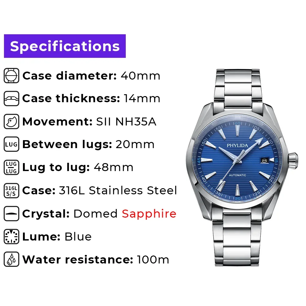 PHYLIDA 10BAR Water-resistant NH35 Automatic Watch Blue Dial Fashion Luxury Mechanical Wristwatch Solid SS Sapphire Crystal Aqua