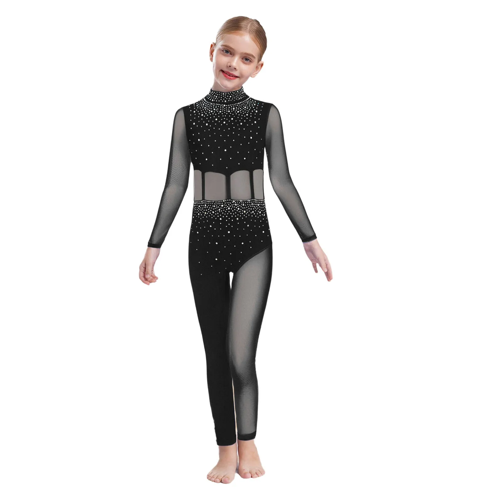 Kids Girls Gymnastics Figure Ice Skating Dance Jumpsuit Shiny Rhinestones Sheer Mesh Patchwork Long Sleeve Full Body Leotards