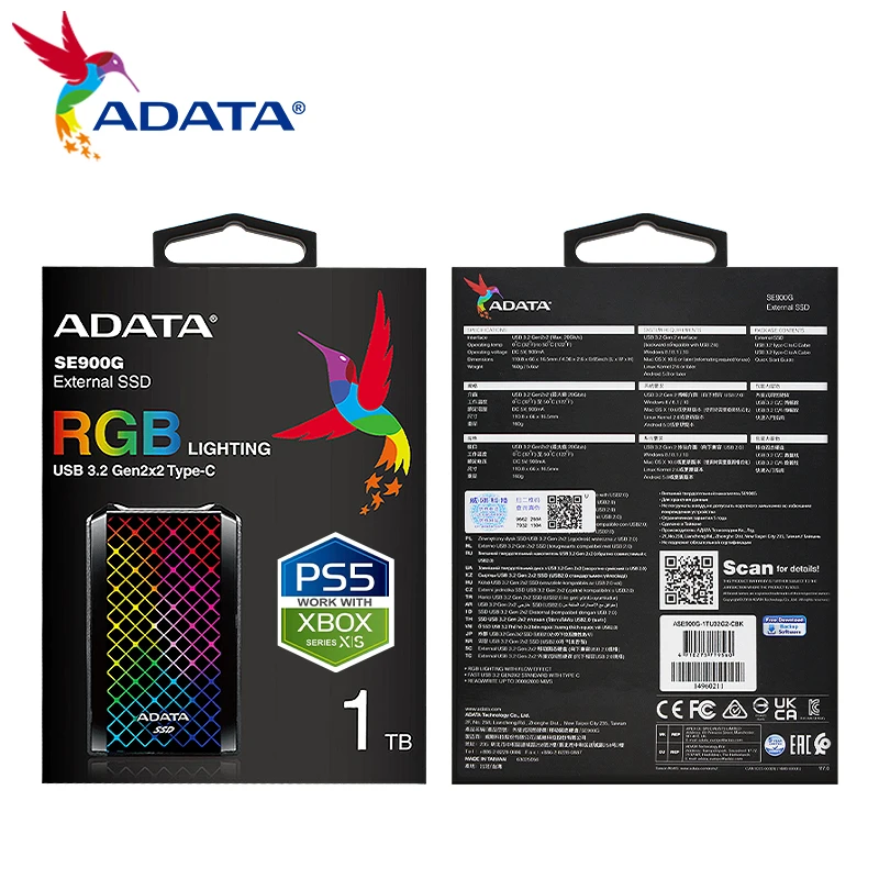 Imagem -05 - Adata-unidade Externa de Estado Sólido Ssd Portátil para Computador e Telefone Usb 3.2 Tipo-c Pssd Se900g Rgb 512gb 1tb 2tb