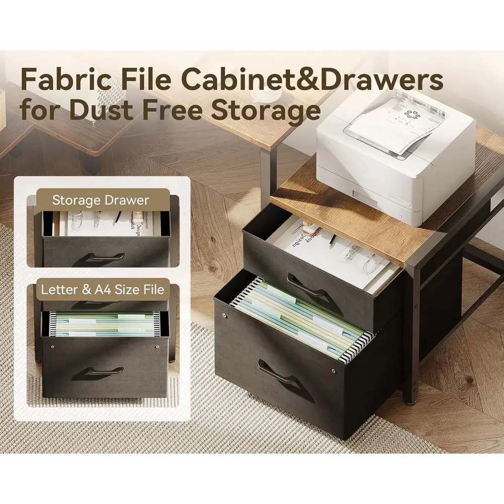 مكتب على شكل حرف L للمكتب المنزلي باللون البني الريفي مع مساحة تخزين وأدراج وخزانة ملفات ومنافذ طاقة