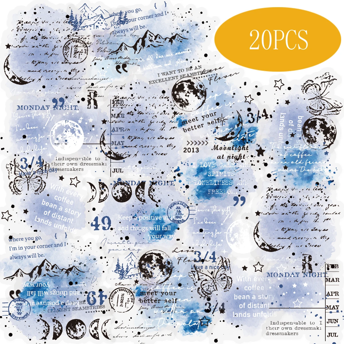 Etori Life Mountain Moon Light Dye 20Pcs Starry Night Ink Mark Hand-Drawn Stickers Cool Atmosphere Journaling Materials for Laptops, Phone Stickers, Suitcases, Office Decoration Accessories, Handmade Scrapbooking Supplies, DIY Crafts, Student Gift Paper Bags, Card Making, Children's Stationery Stickers, Cycling Decals